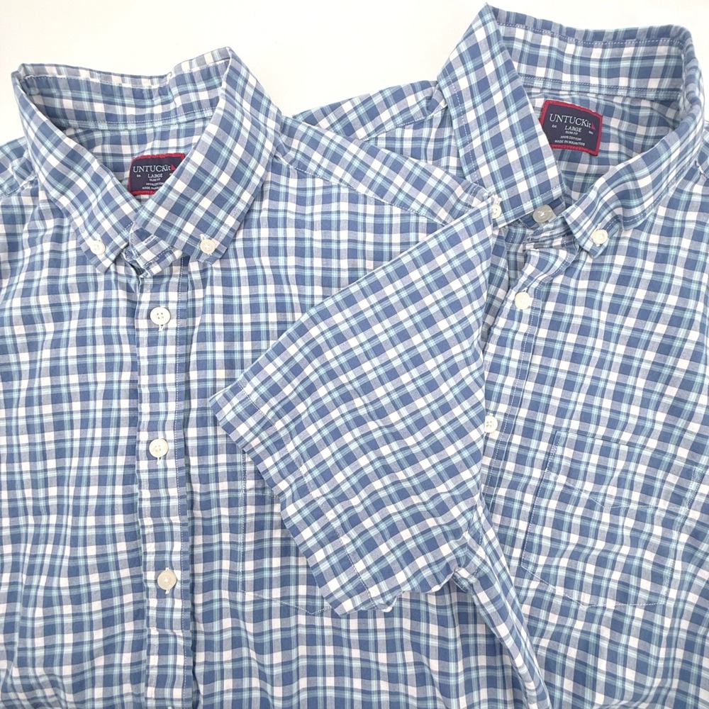 UNTUCKit Mendoza Slim Fit Plaid Shirt Lot of 2 Men Large Blu Cotton Short Sleeve